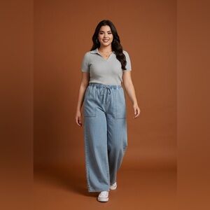 Women’s fade wash wide leg flares drawstring waist denim jeans size large NEW